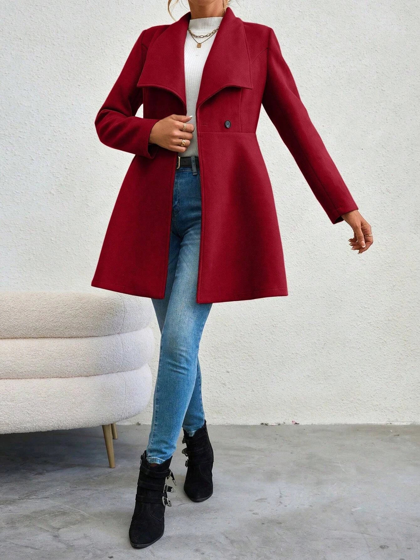 Trench Coats - Coats Winter Solid Color Long Sleeve Lapel Button-Up Work Coats New Year Red Valentine's Day Gift Outerwears