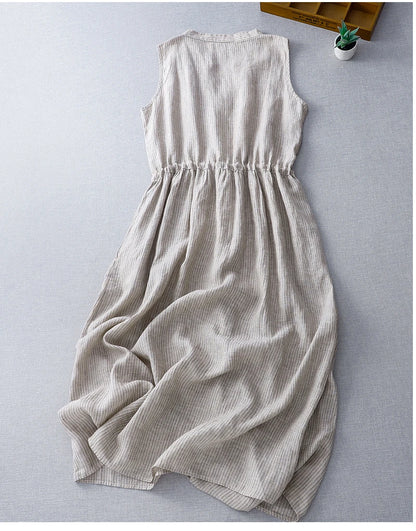 Casual Dresses - Cotton Sleeveless Dresses for Women 2025 New Summer Elegant Drawstring Tank Dress Casual Loose Vintage Stripe Female Midi Dress