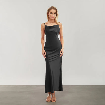 Satin Dresses - Backless Spaghetti Straps Party Long Dresses 2024 New Evening Gown Satin Vestidos Women's Cowl Neck Slip Wrap Dress