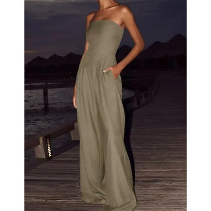 Pantsuits - Summer Women's Jumpsuit Fashion Strapless Solid Color Sleeveless Loose Wide Legs Pants Casua Romper High Streetwear Female Cloth