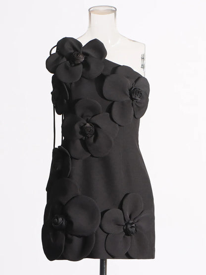 Party Dresses - Patchwork Appliques Mini Dresses For Women Diagonal Collar Sleevelss Spliced Lace Up High Waist Dresses Female New