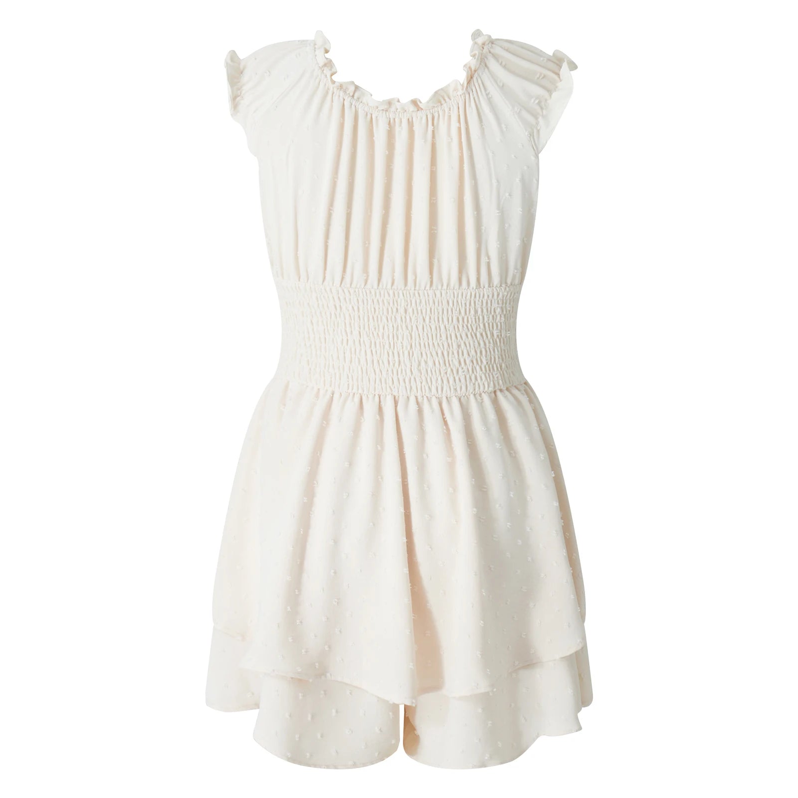 Playsuits - Boho Summer Off-Shoulder Ruffle Hem Playsuit Women Beach Streetwear Solid Color Short Sleeve High Waist Short Rompers