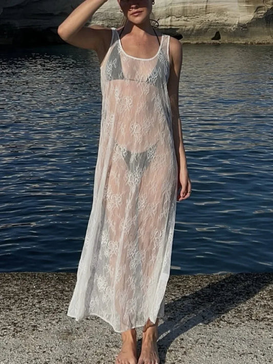 Cover up - Mozision See Through Lace Hollow Out Sexy Maxi Dress For Women Fashion U Neck Sleeveless Backless Transparent Beach Long Dress