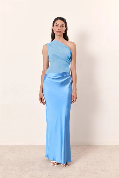 Elegant Dresses - Satin Inclined Shoulder Sexy Maxi Dress Women Fashion Patchwork Sleeveless Backless Bodycon Evening Club Party Dress