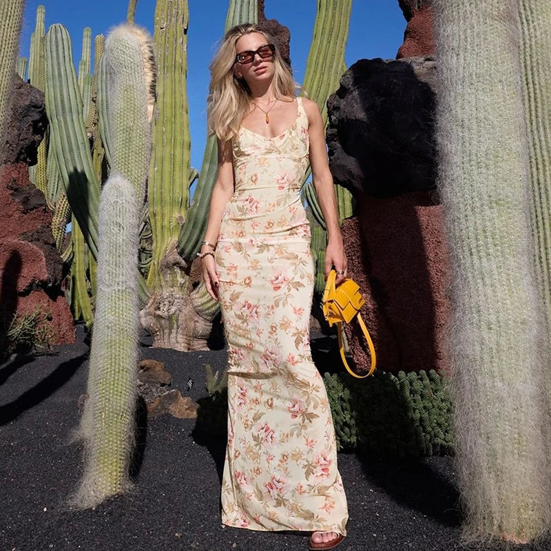 Elegant Dresses - Backless Print Sexy Maxi Dress For Women Fashion Sleeveless High Waist Bodycon Club Party Sexy Slit Dress Elegant