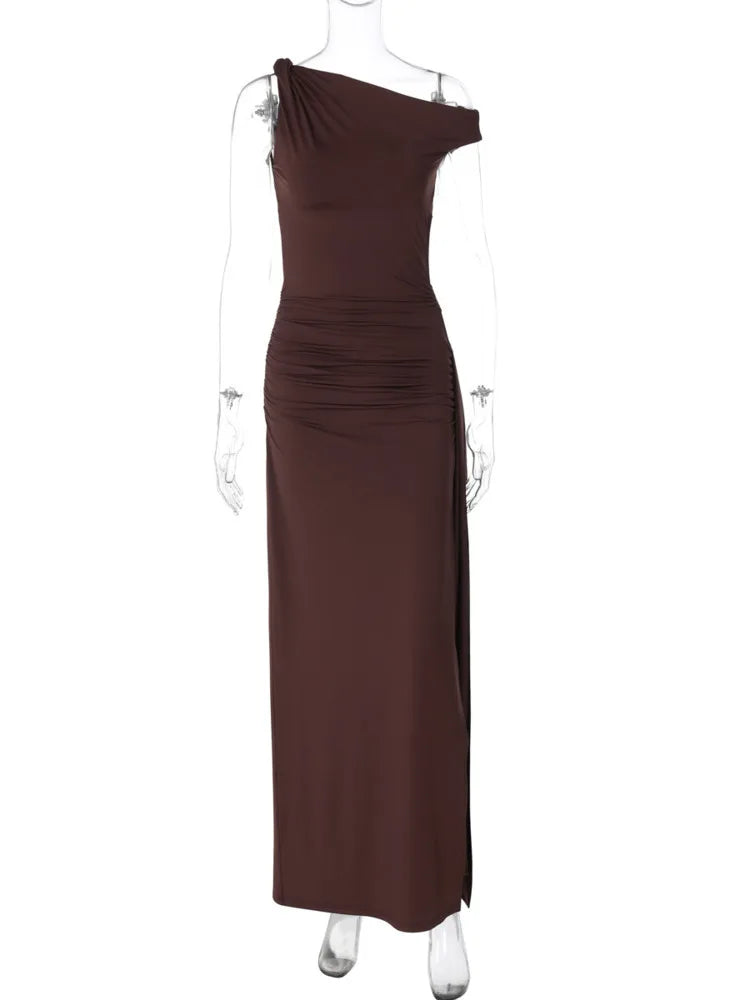 Elegant Dresses - Oblique Shoulder Backless Sexy Maxi Dress For Women Fashion Off-shoulder Sleeveless High Waist Bodycon Club Long Dress
