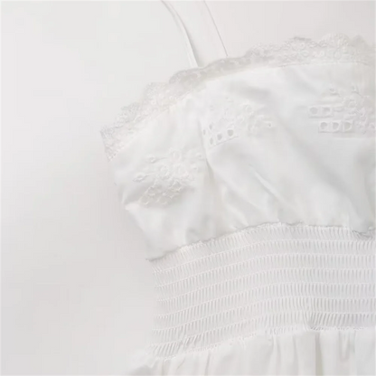 Vacation Dresses - Summer New Women's Fashion Style Slimming Sweet Solid Color Versatile Embroidered Lace Splicing Dress