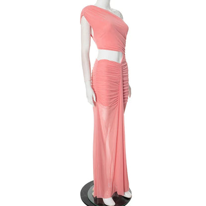 Elegant Dresses - Sexy Sleeveless Hollow Out Pleated Patchwork Maxi Dress For Women High Waist Off-shoulder Slim Club Party Long Dress