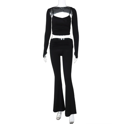 Matching Sets - Sexy Casual 2 Piece Pants Set Sleeveless Camisole With Long Sleeve Waistcoat Flare Pants Matching Set Club Streetwear