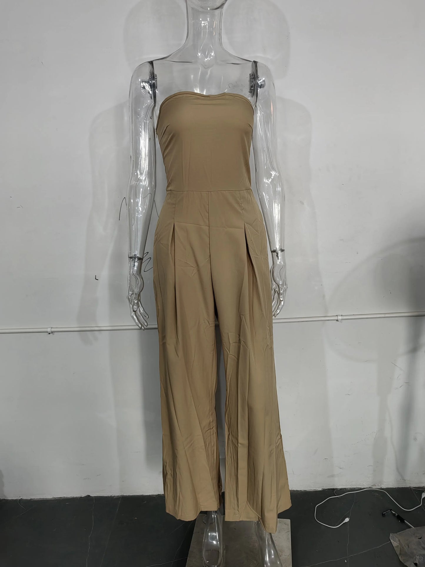 Pantsuits - Summer Women's Jumpsuit Fashion Strapless Solid Color Sleeveless Loose Wide Legs Pants Casua Romper High Streetwear Female Cloth