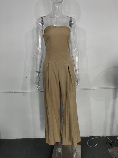 Pantsuits - Summer Women's Jumpsuit Fashion Strapless Solid Color Sleeveless Loose Wide Legs Pants Casua Romper High Streetwear Female Cloth