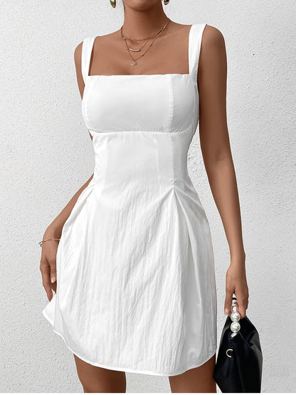 Summer Dresses - Adjustable Straps Lace Up Slip Mini Dress Backless Square Neck Sexy Casual Party Short Dresses White Women's Clothing