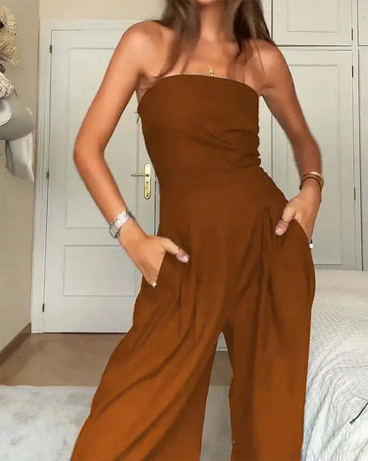 Pantsuits - Summer Women's Jumpsuit Fashion Strapless Solid Color Sleeveless Loose Wide Legs Pants Casua Romper High Streetwear Female Cloth
