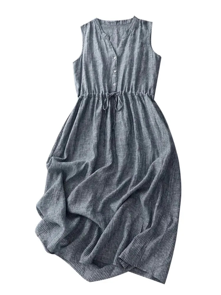 Casual Dresses - Cotton Sleeveless Dresses for Women 2025 New Summer Elegant Drawstring Tank Dress Casual Loose Vintage Stripe Female Midi Dress
