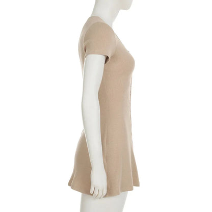 Casual Dresses - Summer New Knitted Mini Dress Female Elegant V Neck Buttons Short Sleeve Dress High Elasticity Casual Women's Dress