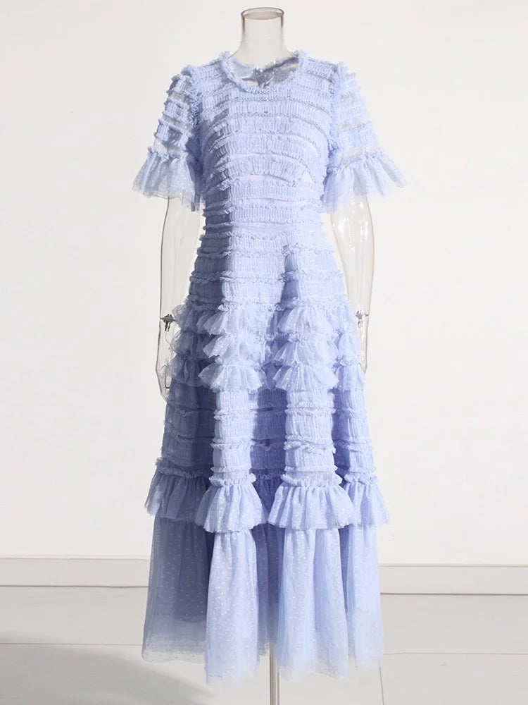 Elegant Dresses - Solid Dresses For Women O Neck Short Sleeve High Waist Spliced Folds Temperament Chic Dress Female Fashion Clothes