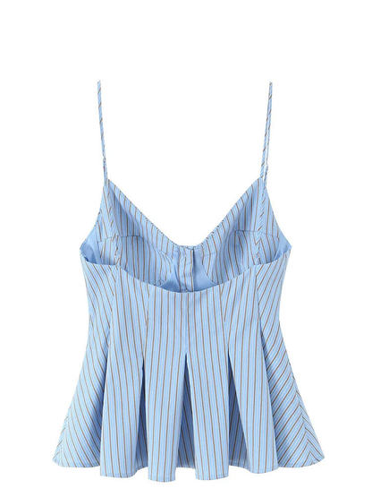 Cami Tops - Summer Women Striped Sleeveless V-Neck Mini Top Woman Slim High Street Short Dress Pleated Button Decoration Top
