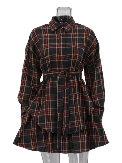 Fashion Loose Plaid 2 Piece Sets Women Outfit 2025 Elegant Long Sleeve Shirt With High Waist Mini Skirt Set Female