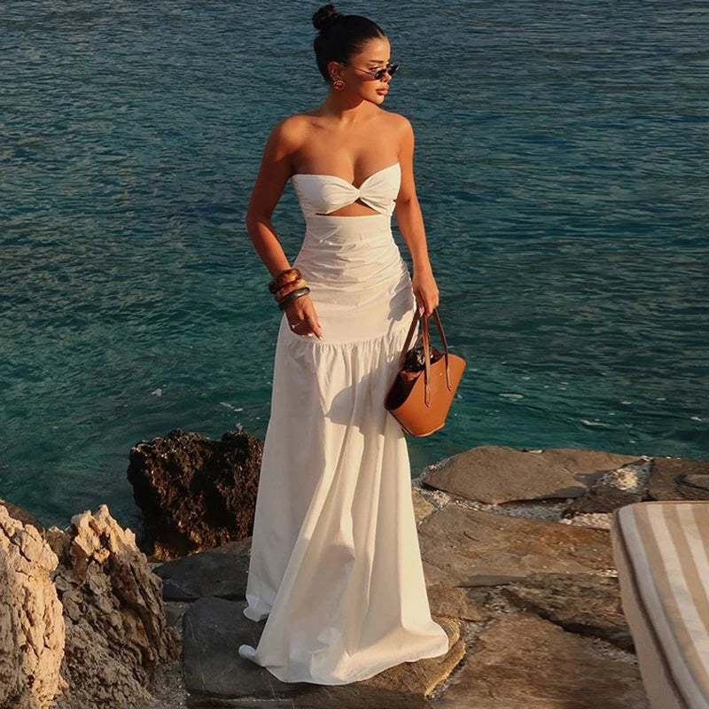 Vacation Dresses - Women's Beach Vacation Strapless Hollow Dress Solid Color Sleeveless Bodycon Maxi Dress Lady High Waist Splice 2025 New