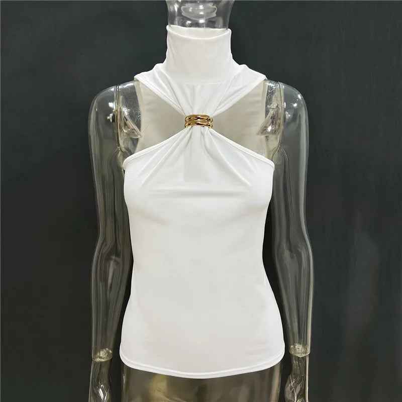 Halter Tops - Turtleneck Basic Knit Tank Tops Women Vest Pullovers Metal Ring Camisole Sleeveless Skinny Knitted Tops Y2K Cropped Top