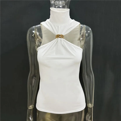 Halter Tops - Turtleneck Basic Knit Tank Tops Women Vest Pullovers Metal Ring Camisole Sleeveless Skinny Knitted Tops Y2K Cropped Top