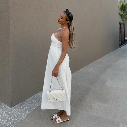 Vacation Dresses - Summer New Women's Fashion Style Slimming Sweet Solid Color Versatile Embroidered Lace Splicing Dress