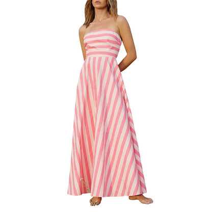 Strapless Dresses - Tube Dress for Women y2k Summer Striped Print Off Shoulder Strapless Sleeveless A Line Long Dress Beach Party Dresses