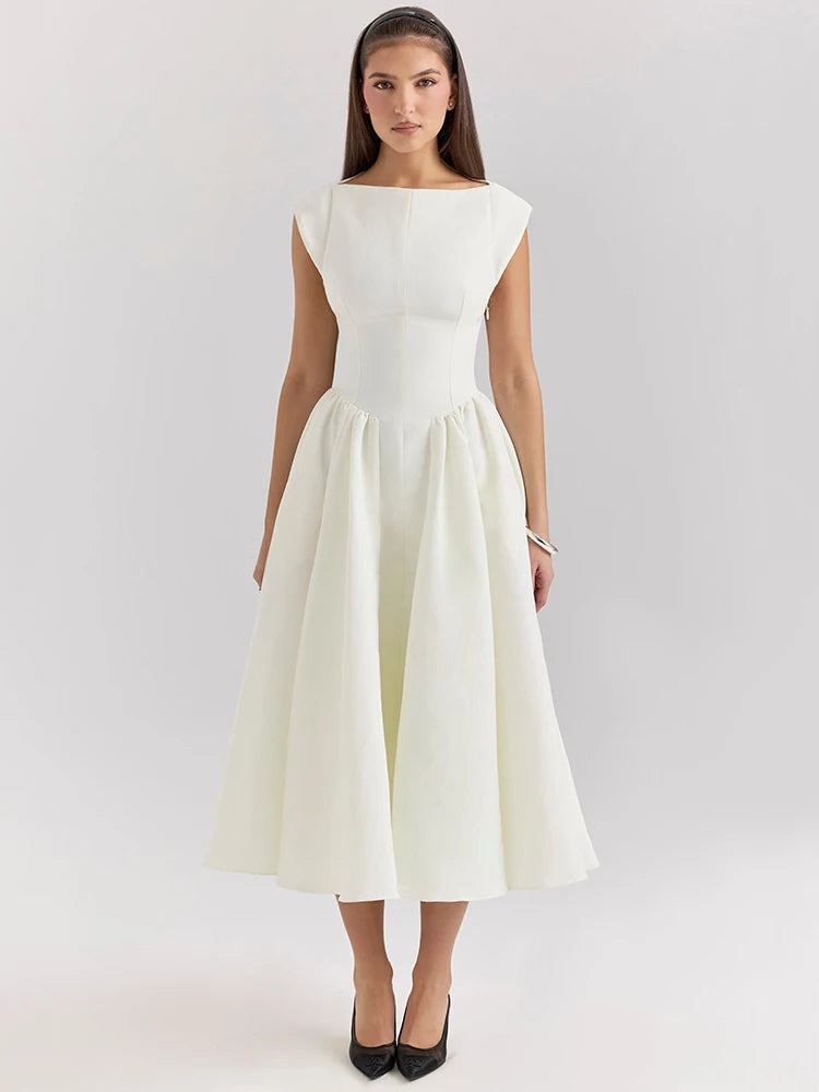 Elegant Dresses - White Backless A-line Sexy Maxi Dress For Women Gown Solid Hollow Out Sleeveless High Waist Club Pleated Dress Elegant