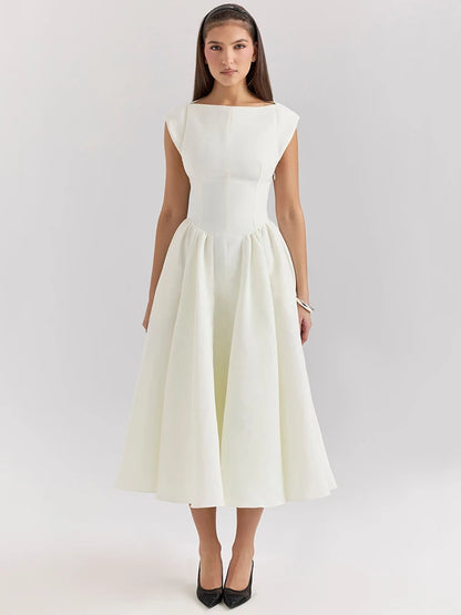 Elegant Dresses - White Backless A-line Sexy Maxi Dress For Women Gown Solid Hollow Out Sleeveless High Waist Club Pleated Dress Elegant