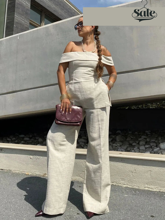 Pants Sets - Women Elegant Solid Slim Back Zipper Side Slit Crop Design Slash Neck Top+High-Waisted Zip-up Loose Long Pant 2 Piece Set