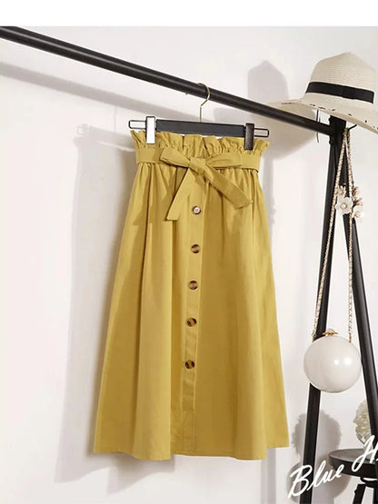 Midi Skirts - Summer Autumn Skirts Womens Midi Knee Length Korean Elegant Button High Waist Skirt Female Pleated School Skirt
