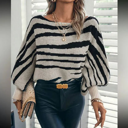 Knit Sweaters - Fall Winter 2025 Women Sweater Loose Style Slash Collar Batwing Sleeve Zebra Color Block Pullover Jumper Knitwear Jacket 59904