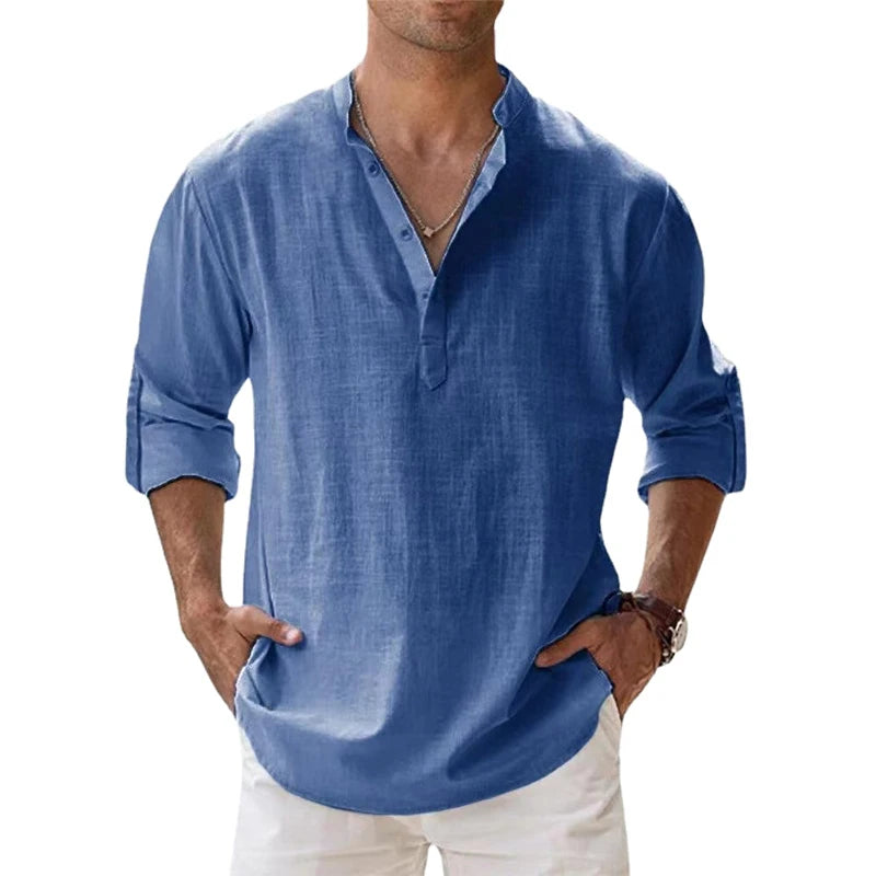 Men Shirts - New Cotton Linen Shirts for Men Casual Shirts Lightweight Long Sleeve Henley Beach Shirts Hawaiian T Shirts for Men