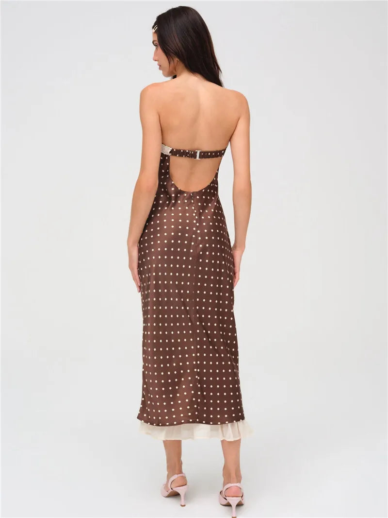 Strapless Dresses - Lace Strapless Backless Sexy Midi Dress For Women Fashion Off-shoulder Sleeveless Bodycon Polka Dot Dress Elegant