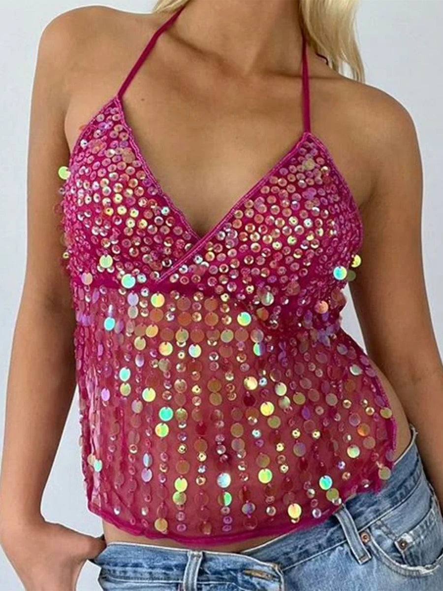 Tops - Women Y2k Sparkly Sequin Halter Beaded Camisole Cute Glitter Rhinestone Spaghetti Strap Backless Criss Cross Cami Top Blue