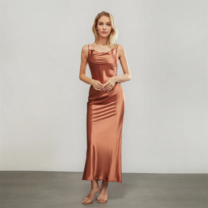 Satin Dresses - Backless Spaghetti Straps Party Long Dresses 2024 New Evening Gown Satin Vestidos Women's Cowl Neck Slip Wrap Dress