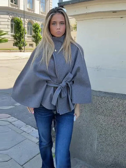 Coats - Elegant Stand Women's Coat Solid Long Sleeve Button Belted Lace-Up Cardigan Jacket 2025 Autumn Winter Outerwear Female Tops