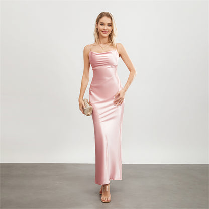 Satin Dresses - Backless Spaghetti Straps Party Long Dresses 2024 New Evening Gown Satin Vestidos Women's Cowl Neck Slip Wrap Dress