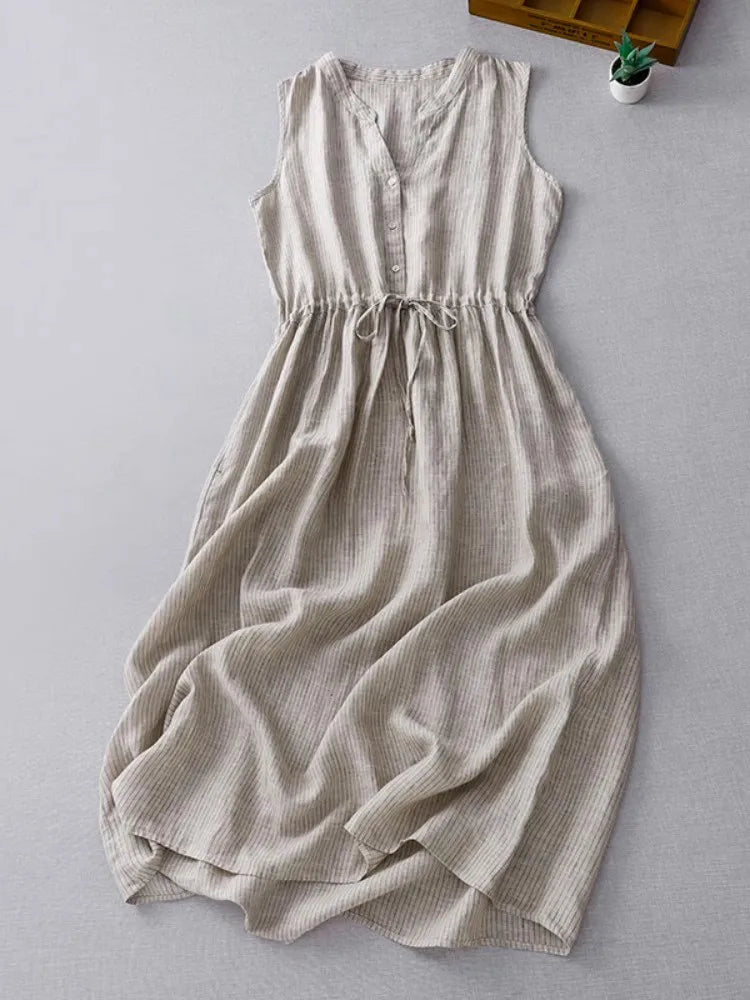 Casual Dresses - Cotton Sleeveless Dresses for Women 2025 New Summer Elegant Drawstring Tank Dress Casual Loose Vintage Stripe Female Midi Dress