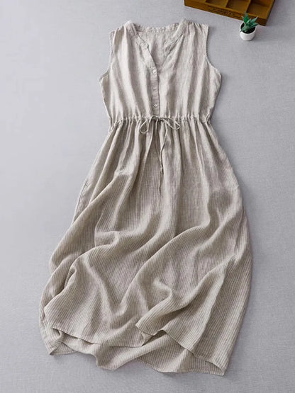 Casual Dresses - Cotton Sleeveless Dresses for Women 2025 New Summer Elegant Drawstring Tank Dress Casual Loose Vintage Stripe Female Midi Dress