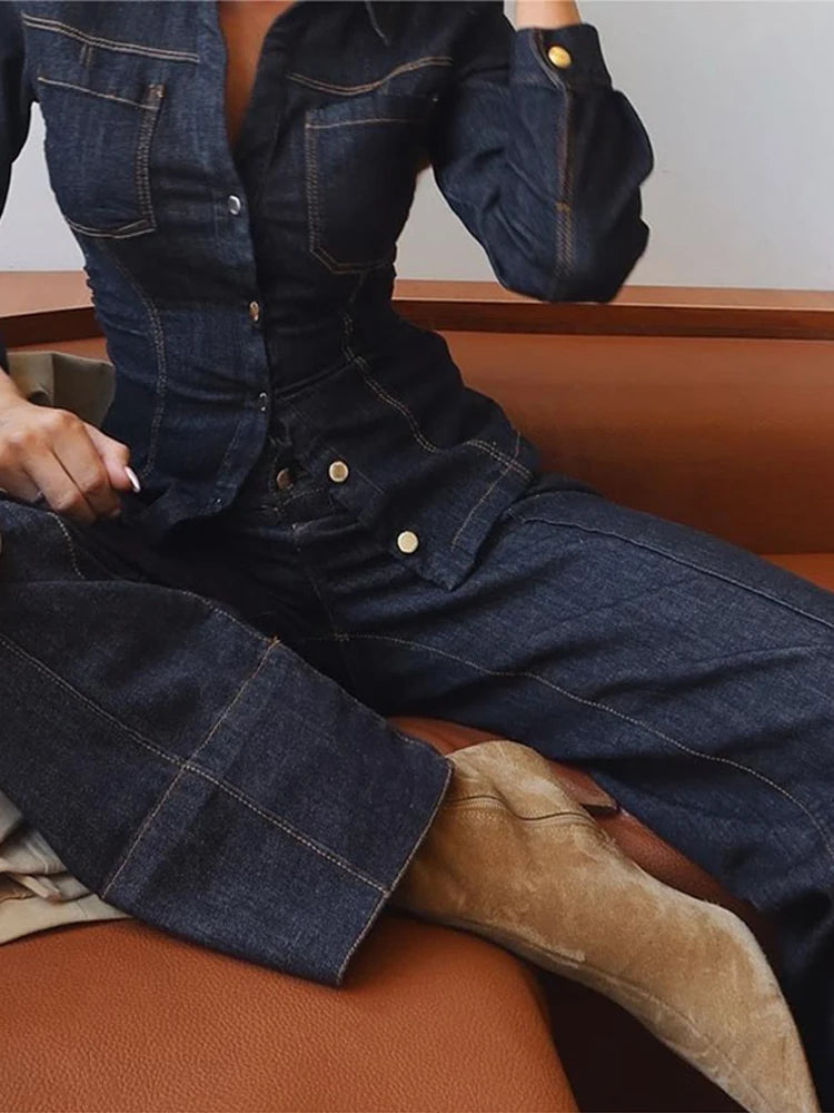 Pants Set - Denim Pants Set Women Lapel Long Sleeve Single Breasted Slim Jacket Zippers Straight Jeans Trousers 2025 Spring Lady Streetwear