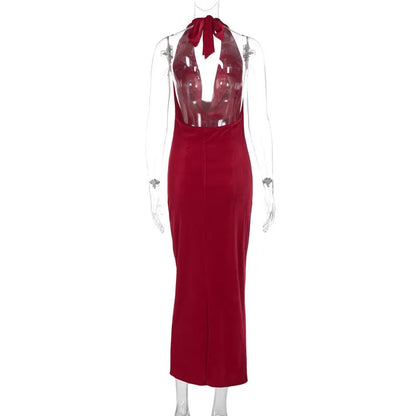 Elegant Dresses - Halter Backless Sexy Maxi Dress For Women Gown Fashion Lace-up Deep V Neck Sleeveless Bodycon Split Long Dress Elegant