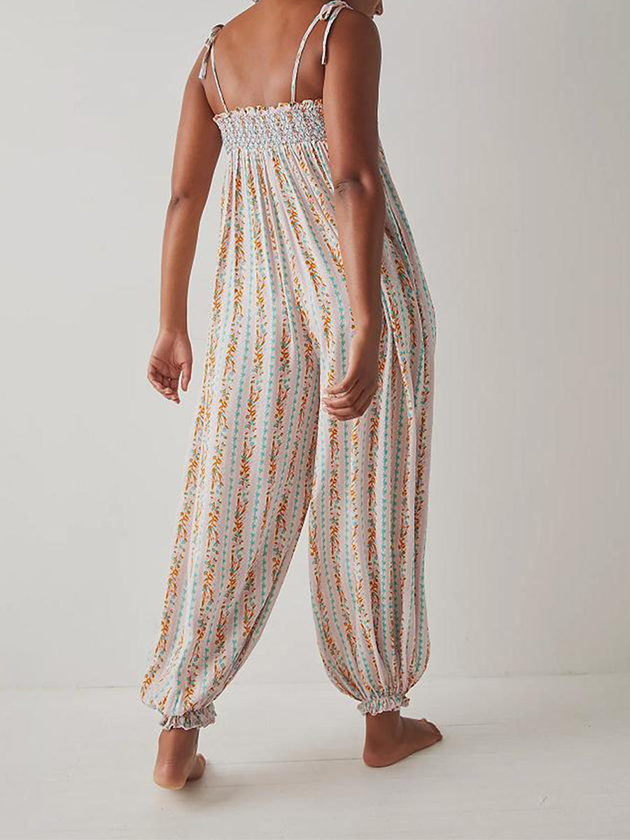 Jumpsuits - Women Summer Cami Jumpsuits Retro Floral Print Tie-Up Spaghetti Strap Sleeveless Long Rompers Fashion Loose Playsuits