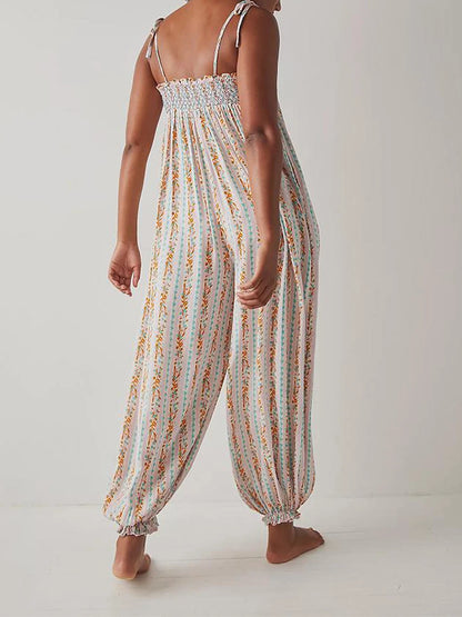 Jumpsuits - Women Summer Cami Jumpsuits Retro Floral Print Tie-Up Spaghetti Strap Sleeveless Long Rompers Fashion Loose Playsuits