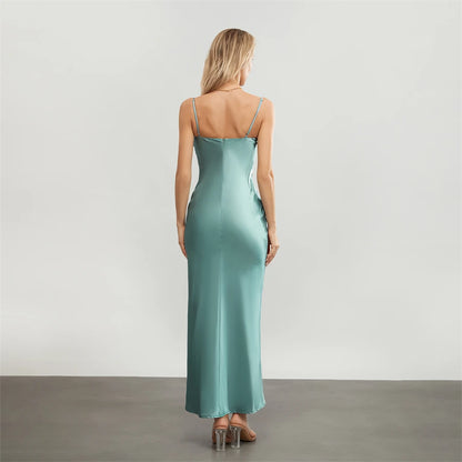 Satin Dresses - Backless Spaghetti Straps Party Long Dresses 2024 New Evening Gown Satin Vestidos Women's Cowl Neck Slip Wrap Dress