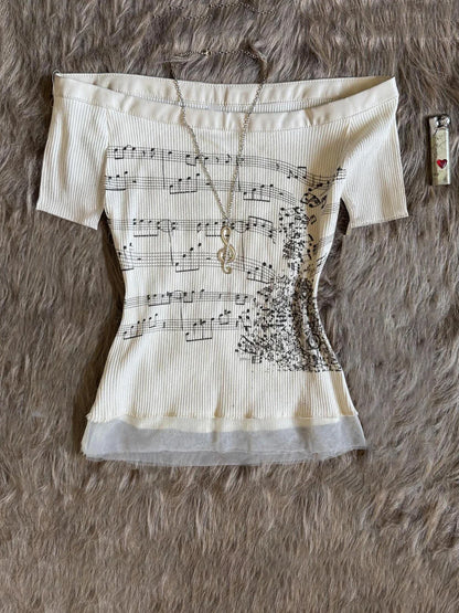 Off Shoulder Tops - Korean 2000s Punk Goth Girls Graphic Tops Off Shoulder Sexy Lace Cotton T Shirts Cute Music Pattern Y2K Sweet Women Crop Tops