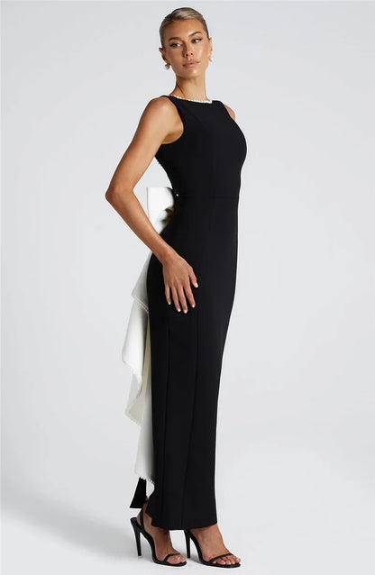 Elegant Dresses - Elegant Pearl Bow Backless Sexy Maxi Dress Women Gown Fashion Sleeveless High Waist A-line Club Party Long Dress