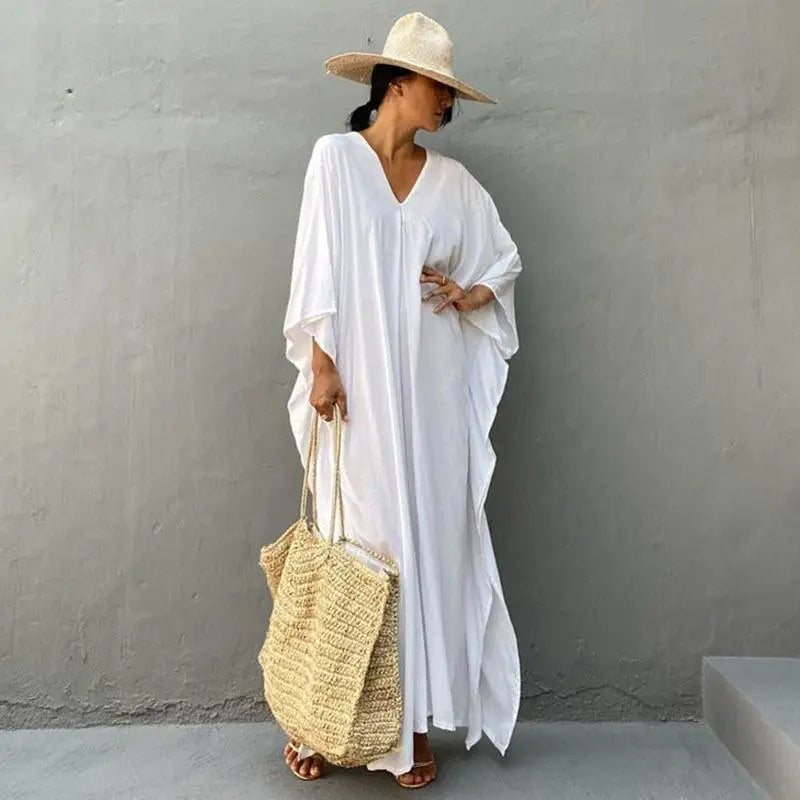 Kaftans - Women's Clothing Swimwears Solid Color Cover Up V Neck Batwing Sleeve Plus Size Beach Kaftan Dresses