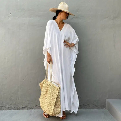 Kaftans - Women's Clothing Swimwears Solid Color Cover Up V Neck Batwing Sleeve Plus Size Beach Kaftan Dresses
