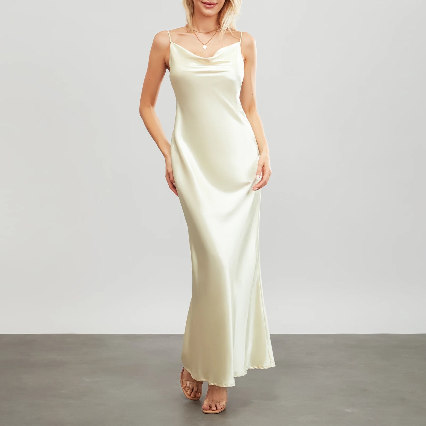 Satin Dresses - Backless Spaghetti Straps Party Long Dresses 2024 New Evening Gown Satin Vestidos Women's Cowl Neck Slip Wrap Dress
